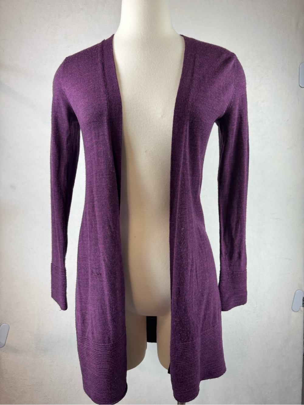 Max Studio Deep Purple Open-Front Long Merino Wool Cardigan Small